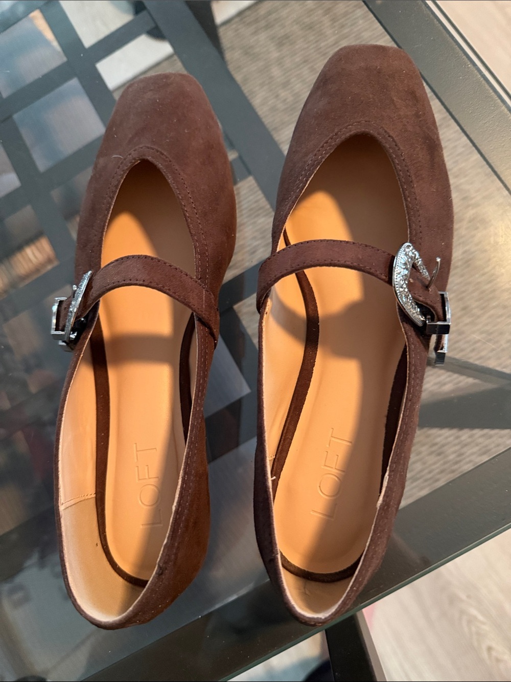 LOFT Dark Brown Suede Mary Jane Flats with Buckle